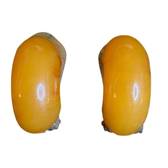 Possible Bakelite Earrings Golden Clip-On Hugger Jewelry Vintage - Picture 5 of 8